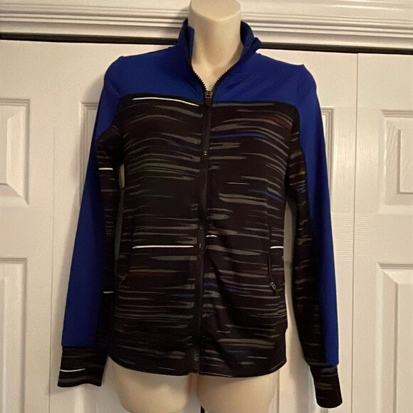Active wear Royal Blue Gray stripe Urban zip up Sweater Girls Size L  - 14/16 - Picture 1 of 13